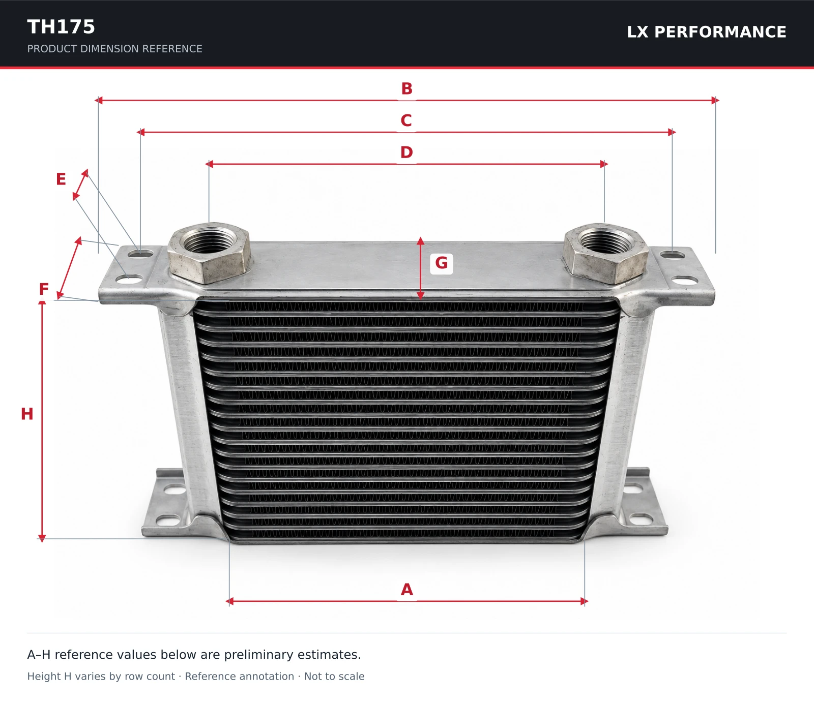 TH175 product photograph with A–H dimension references. Preliminary estimated values are listed below.
